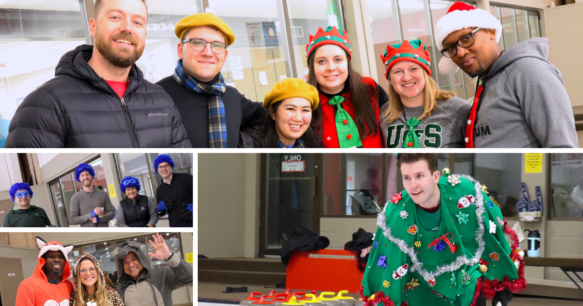 Collage of group photos with people standing side by side in Christmas themed clothing.