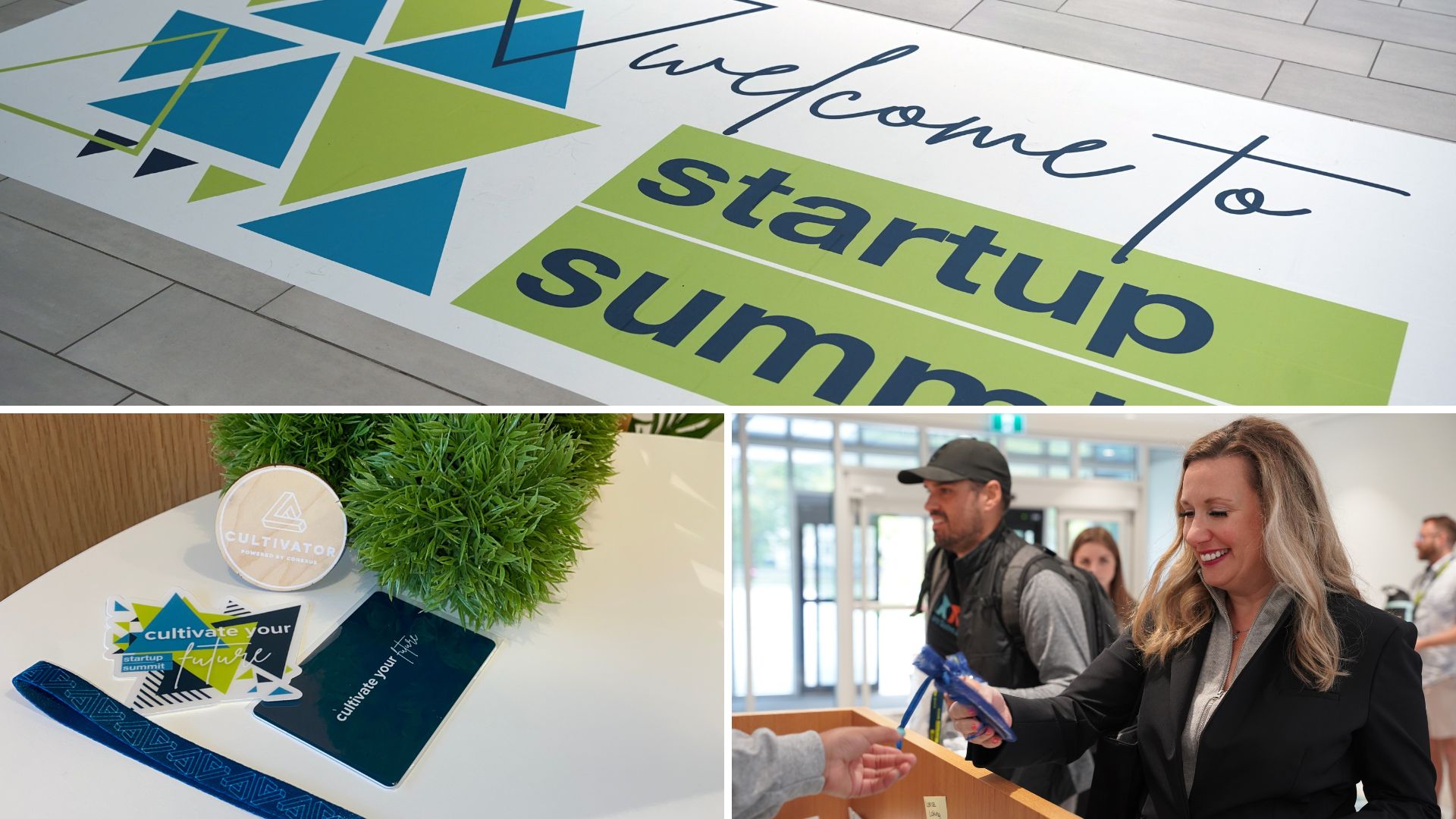 Collage of Startup Summit floor sticker, welcome desk, and experience package