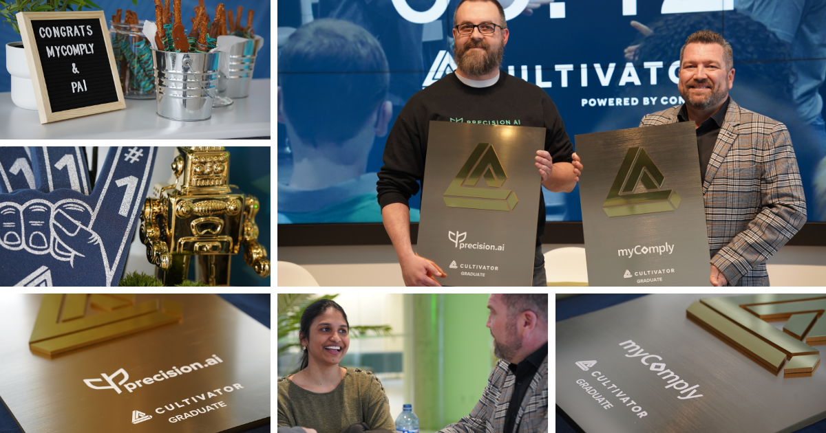 Collage of photos: 2 people posing infront of large digital display while each holding a large gold plaque, angled photos of the shiny gold plaque 