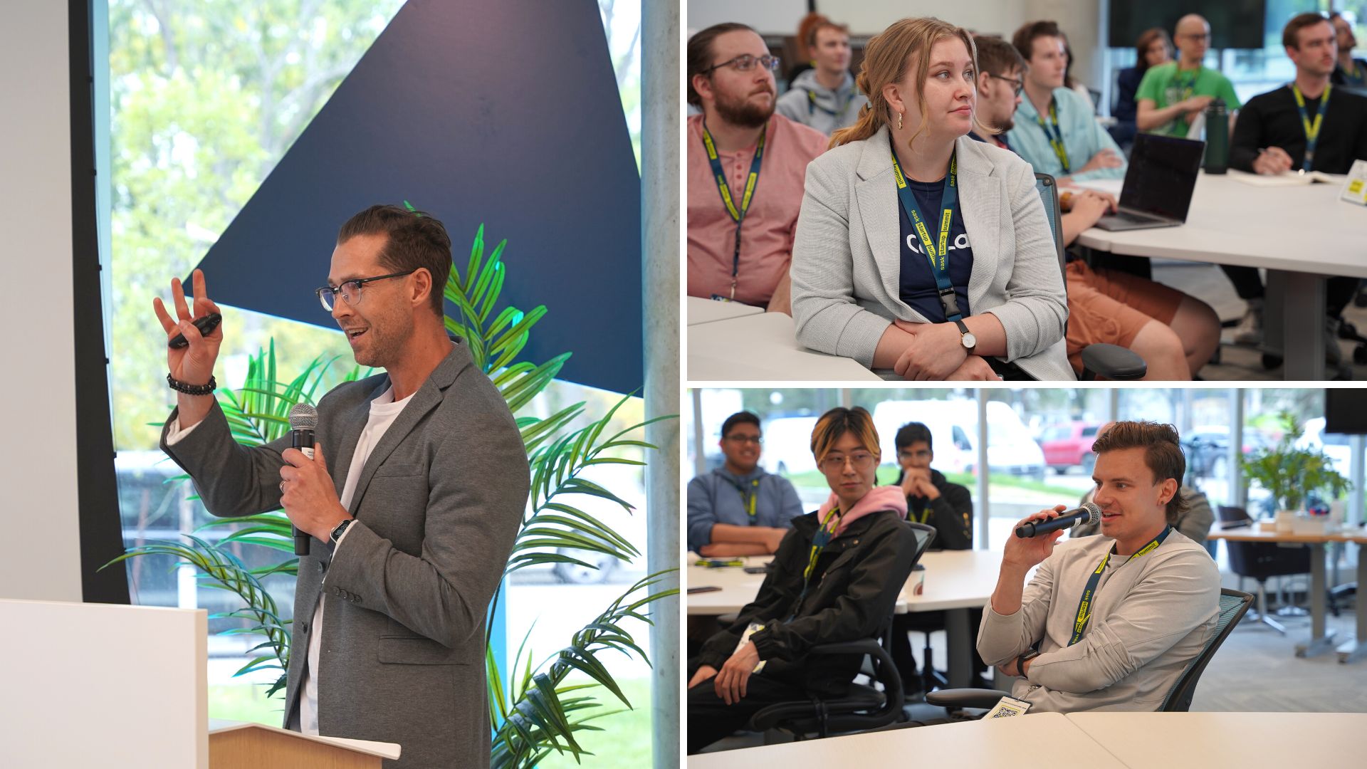 Collage of a speaker and people at tables attending DevJam