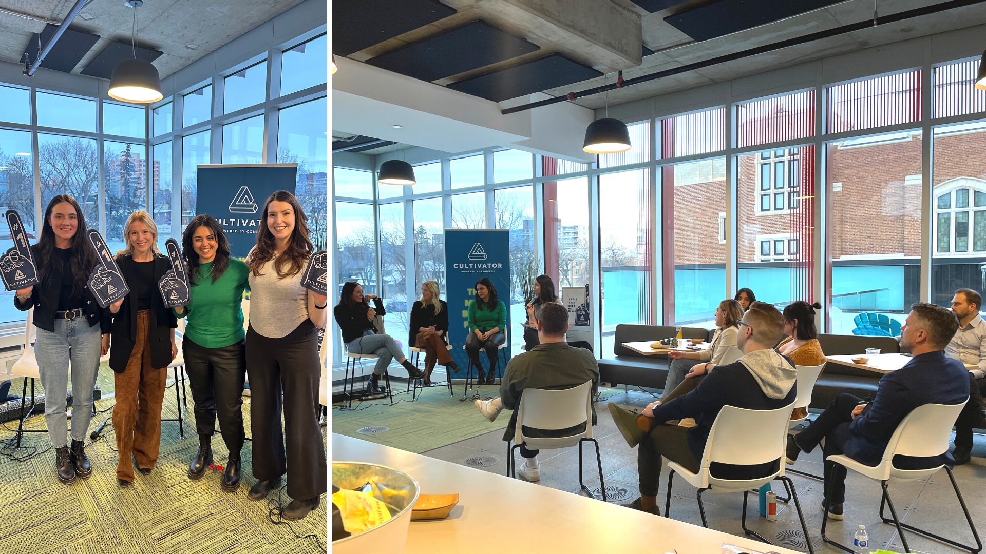 Four women sit on high stools and hold microphones as they discus investment trends in tech at the Cultivator HQ. 