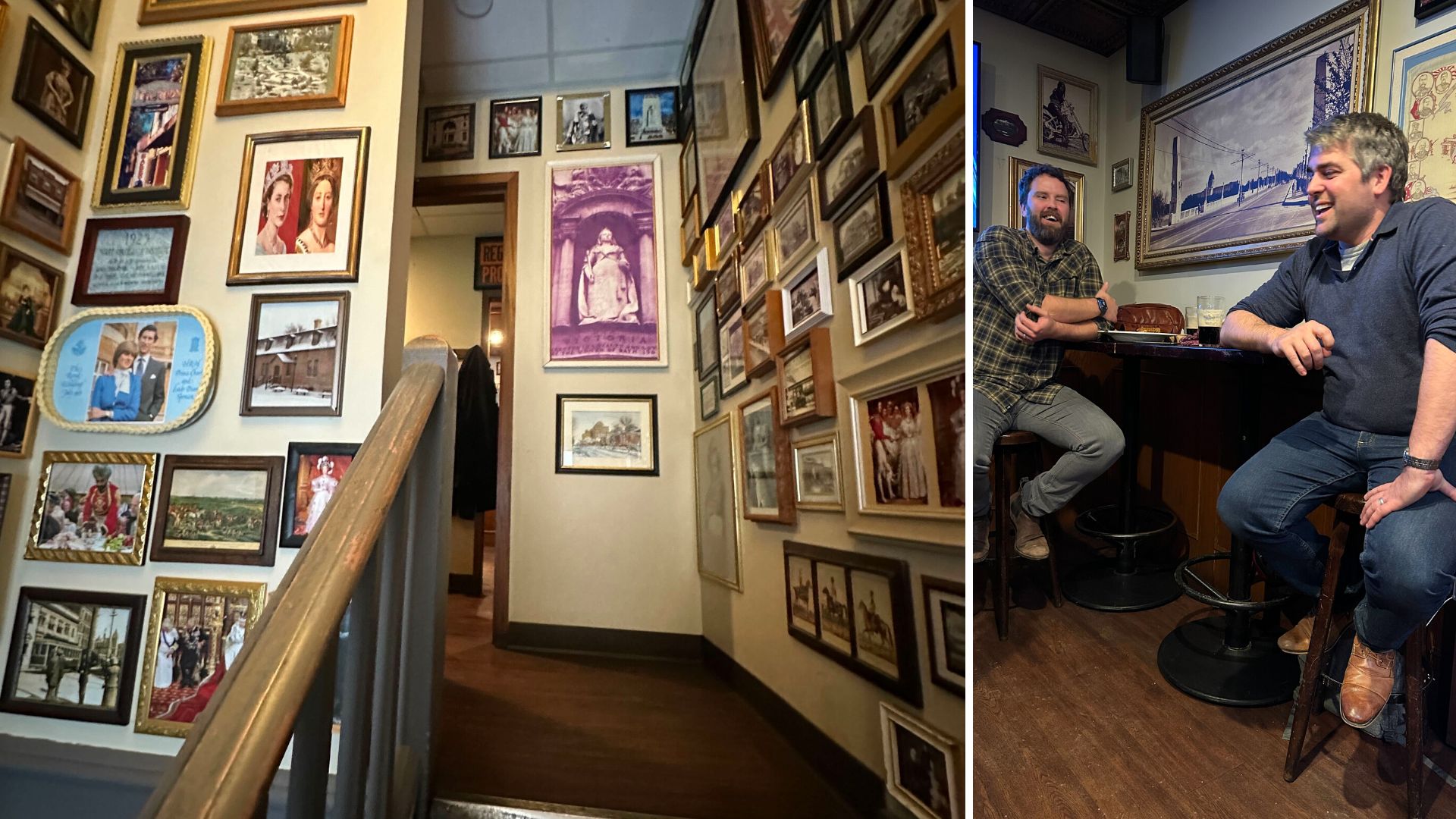 Two men sit at a high table at the James Room - Victoria's Tavern as they discuss tech company acquisition at the Cultivator Founders' Retreat. 