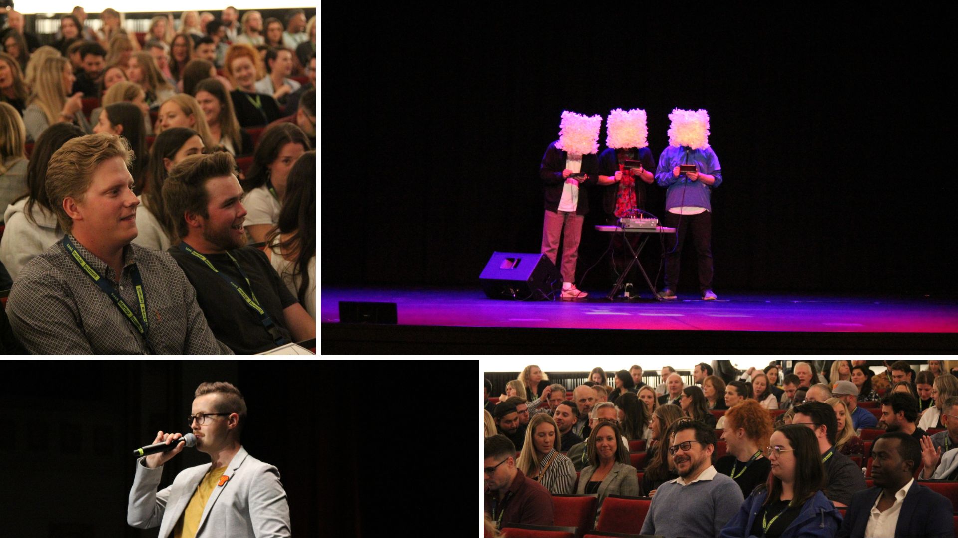 Collage of people sitting in the auditorium of darke hall and 3 people standing on stage with white masks on under lighting