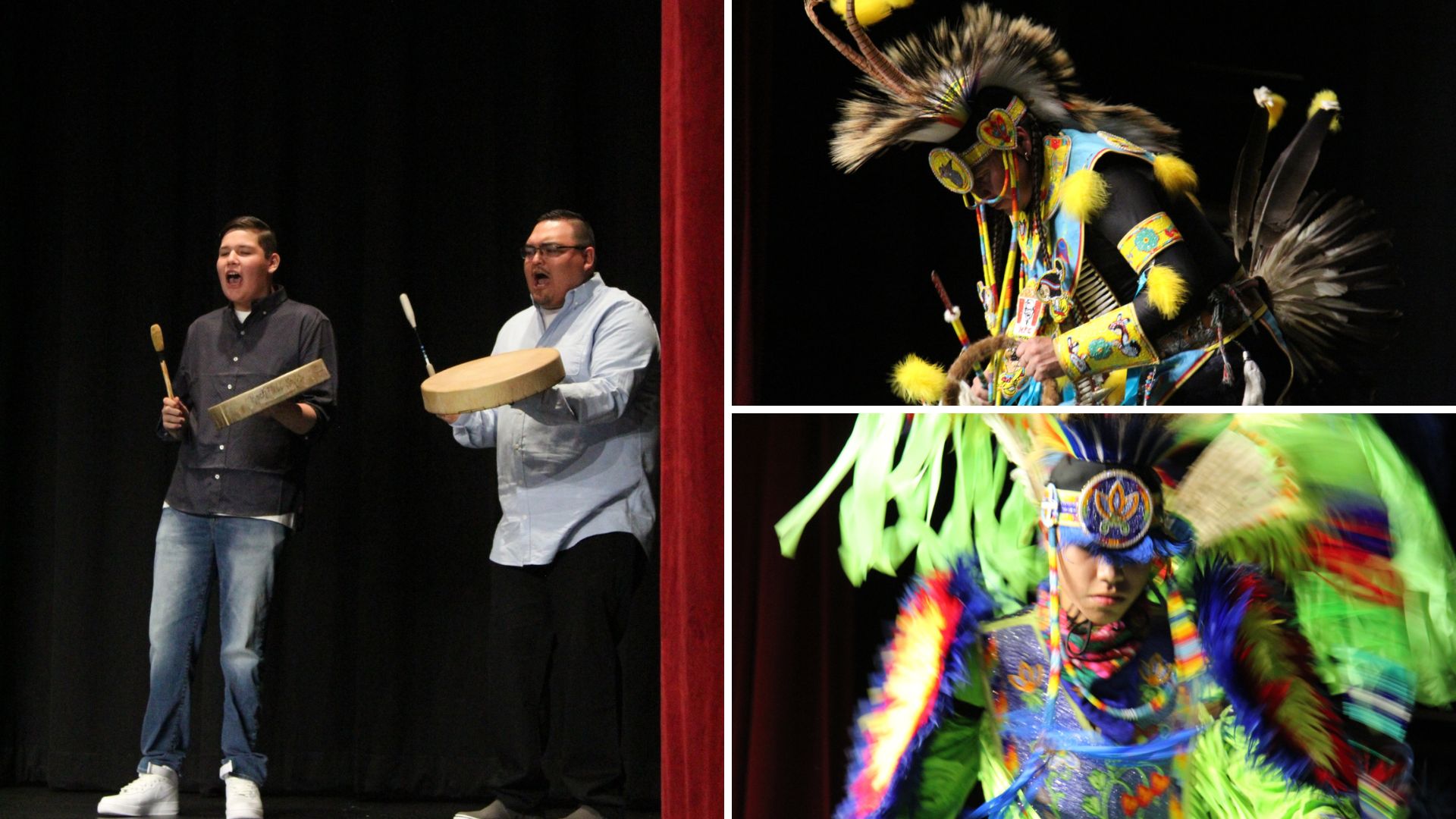 Indigenous Dancers and Drummers on stage at Darke Hall