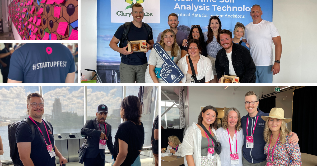 Collage of pictures: Group photos of people posing together at StartupFest in Montreal.