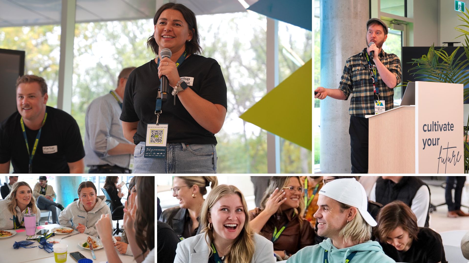 Collage of Speakers at Startup Summit and Attendees smiling