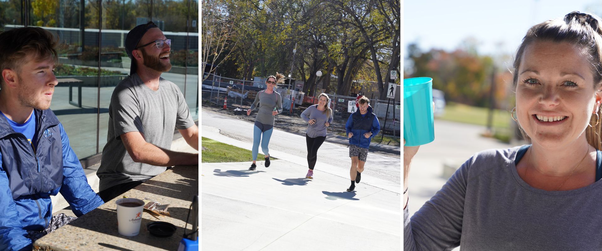 Collage of three photos of Cultivator and Conexus team members running and smiling.