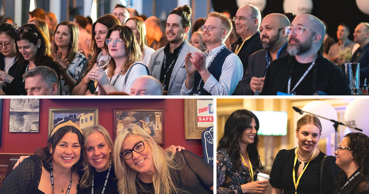 Collage of pictures: Crowd clapping, and people posing at a restaurant table together for a picture.