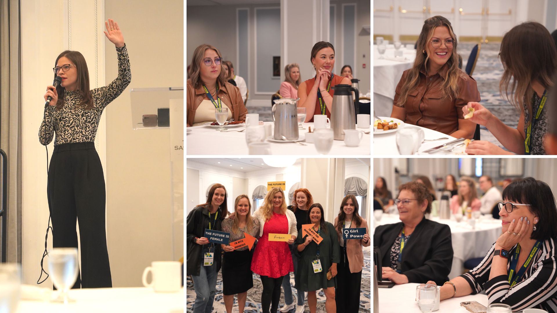 Collage of women enjoying the women in tech breakfast at the Hotel Sask.