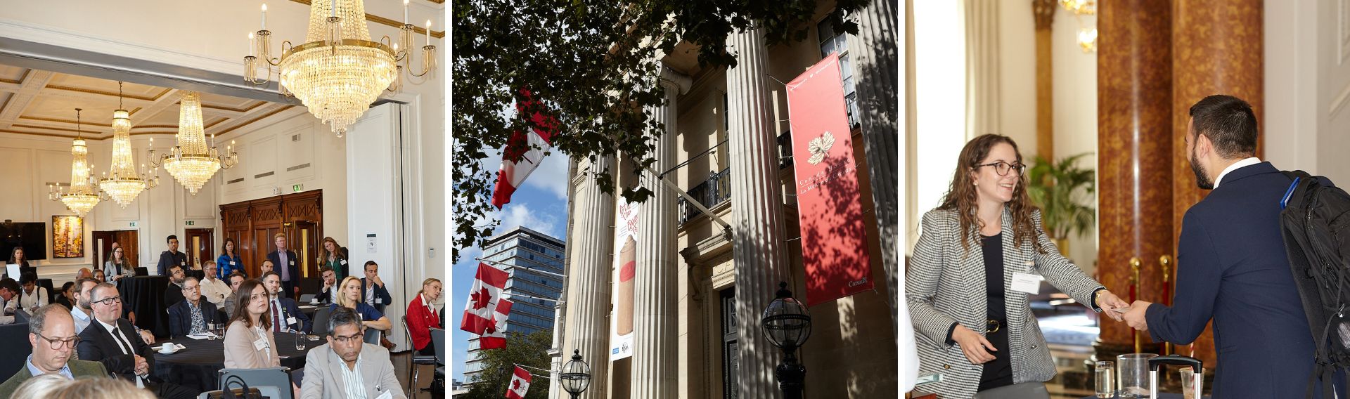 Collage of photos depicting Canada House in London and investors meeting