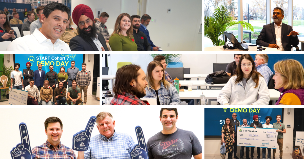 Collage of photos: Group of people all posing in front of a large monitor, group of people holding up blue foam fingers and smiling, group of people sitting in a circle and chatting. 