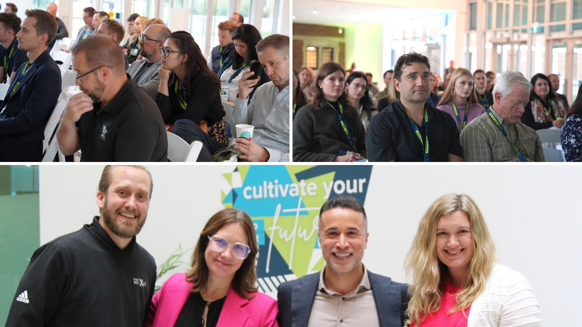 Collage of crowd shots at startup summit mixed with a group of speakers posing infront of wall decal.