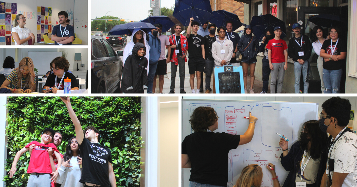 Collage of photos: Large group of students standing outside under umbrellas infront of leopolds tavern OG, group of students writing on a whiteboard. 