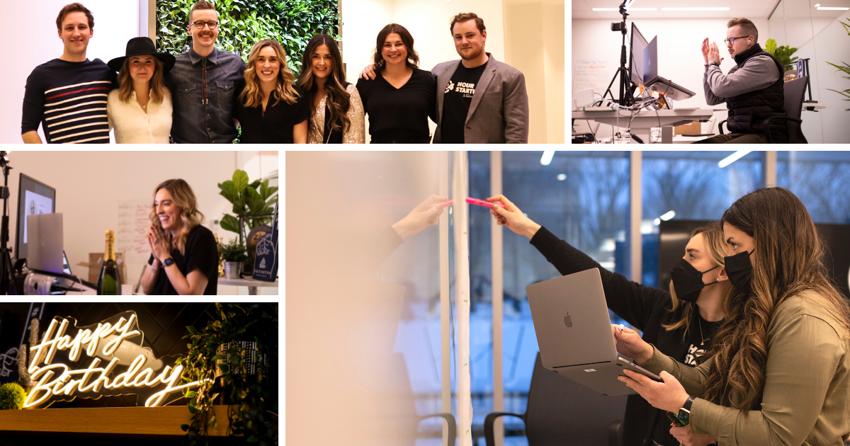 Collage of photos: Cultivator team standing side by side infront of a plant wall, 2 people holding a laptop and pointing at something on a whiteboard, white neon sign on a shelf reading "Happy Birthday". 