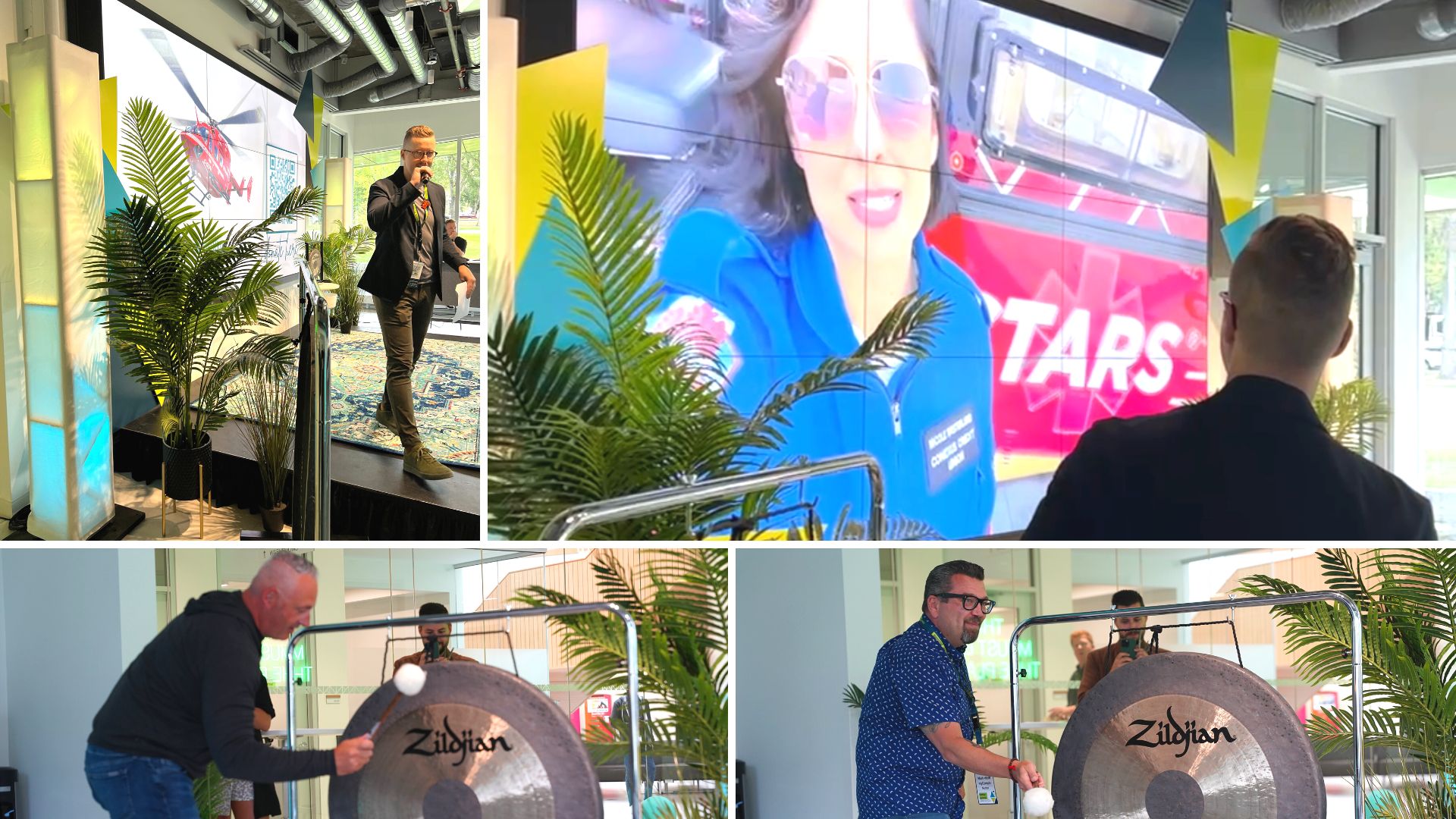 Collage of people hitting a large gong on stage at startup summit