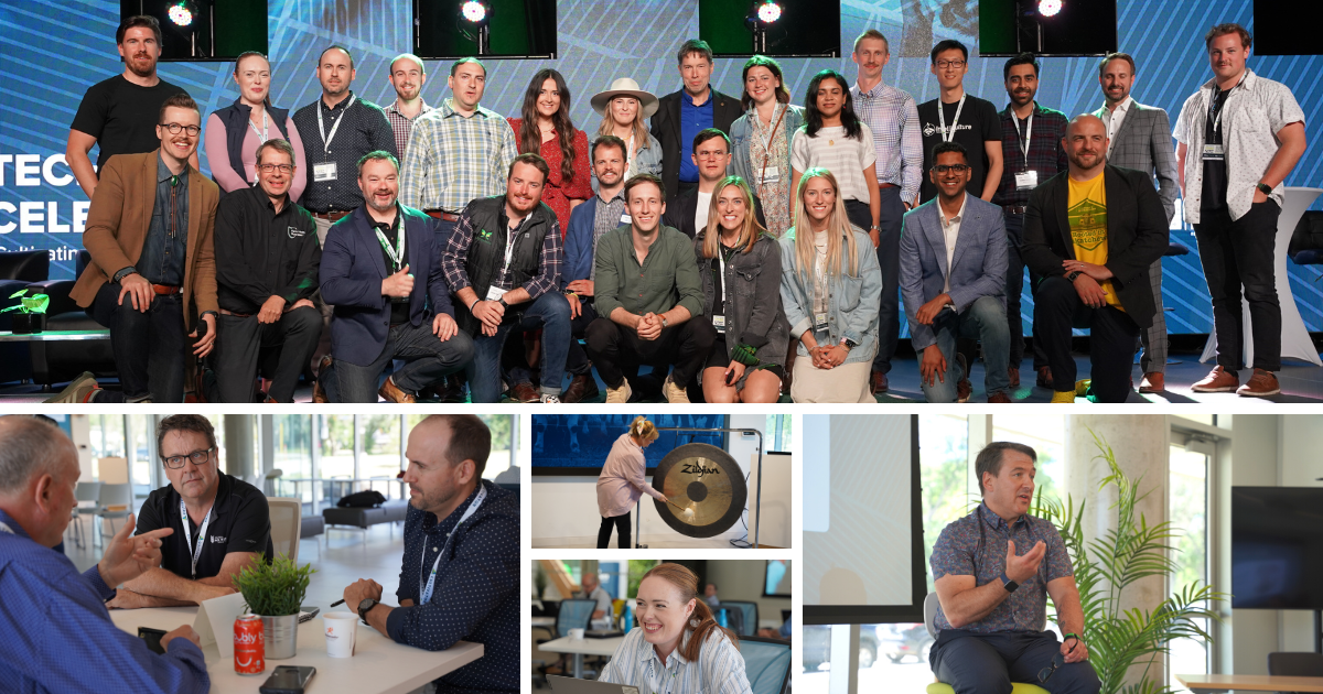 Collage of Photos: Large group of people standing and kneeling together on a large stage, someone hitting a large gong with a mallet, group of people leaning on a table and discussing something 