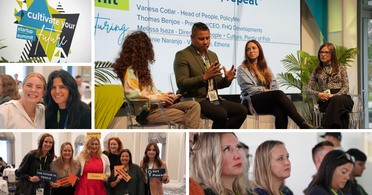 Collage of photos: 4 Panelists sitting in chairs on stage infront of a large digital display, 2 females posing smiling, crowd watching a stage very focused