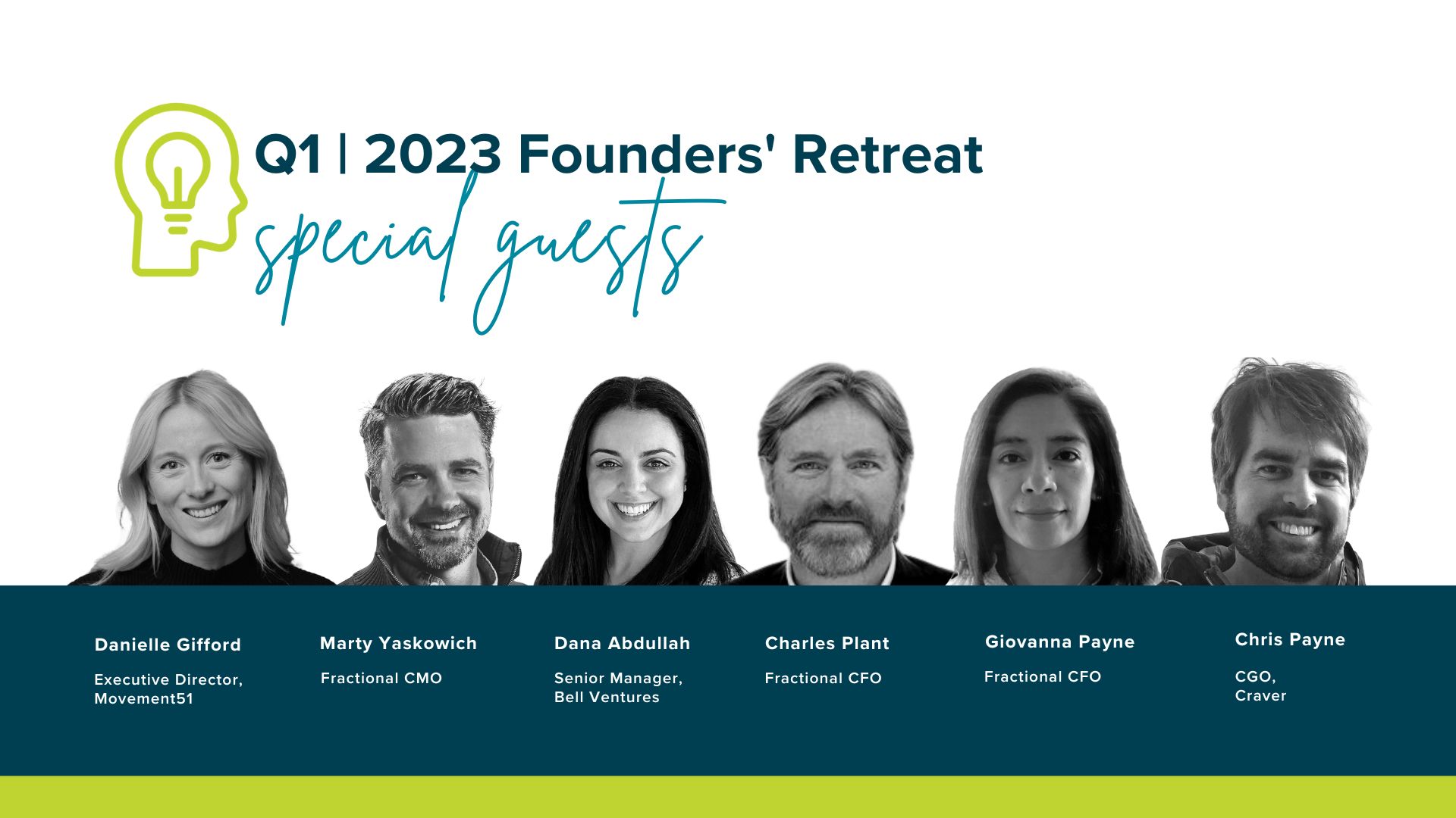 Founder's Retreat Graphic image showcasing 6 of the experts who joined Cultivator for the 2023 Founders' Retreat. 