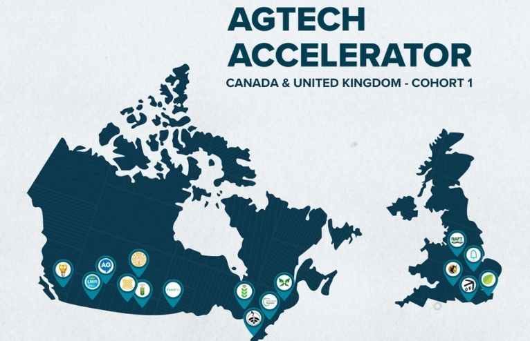Image of Canada and UK map with location pins showing Agtech Accelerator cohort 1 company logos that are placed in the location that each company is from.