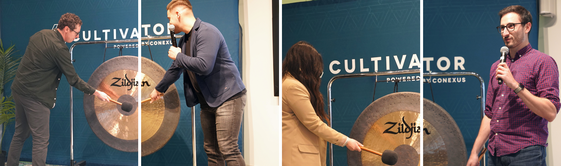 Different action shots of people hitting a large gong with a mallet. 